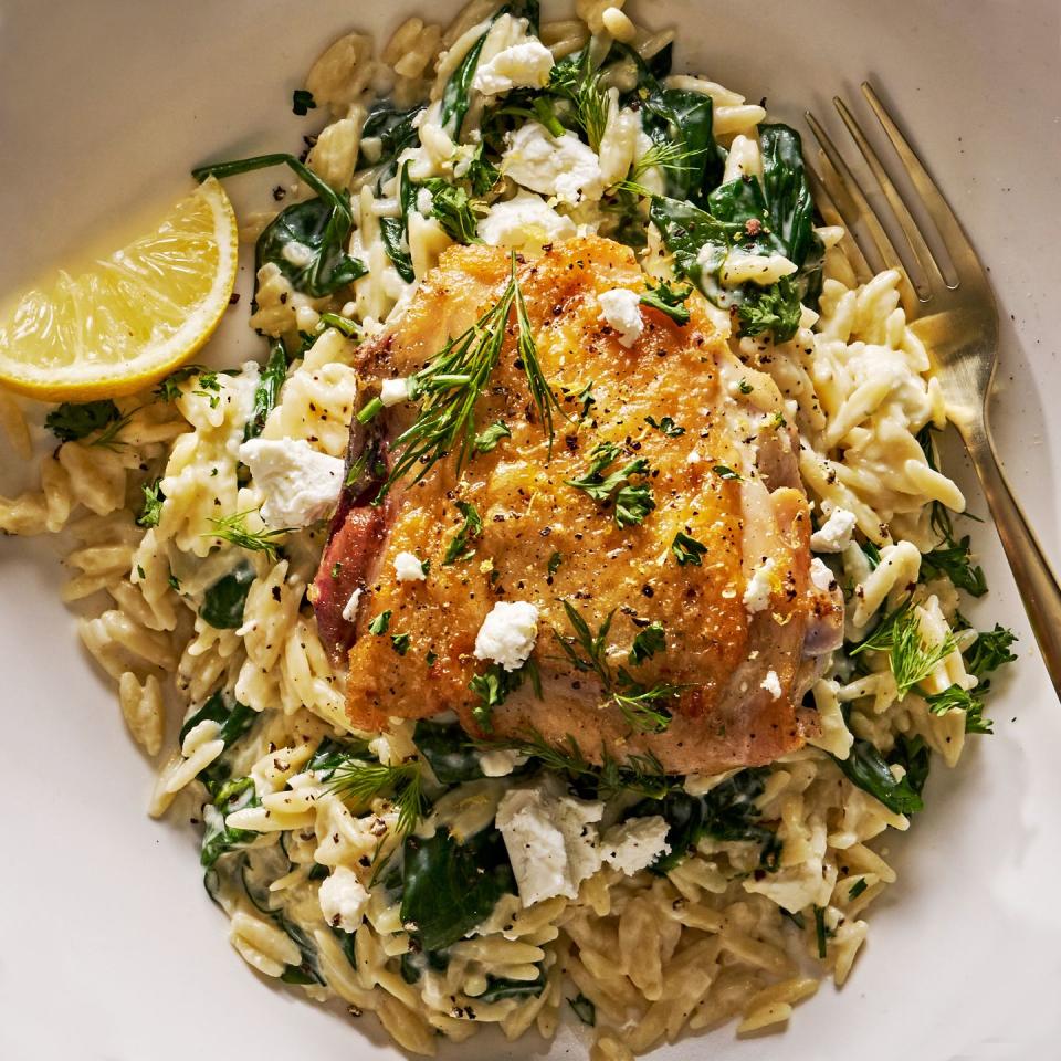 one pan lemon chicken and orzo with feta and herbs