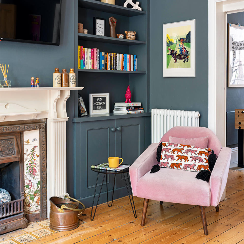 blue living room with fireplace