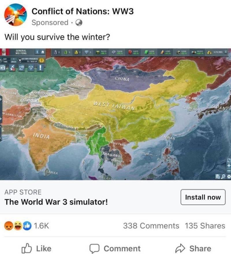 20211209-有網友發現遊戲廣告出現一幅世界地圖，將中國標示為「西台灣」，新疆獨立為「維吾爾」（Uyghur），蒙古則被標示為中國。（取自Langley2推特）