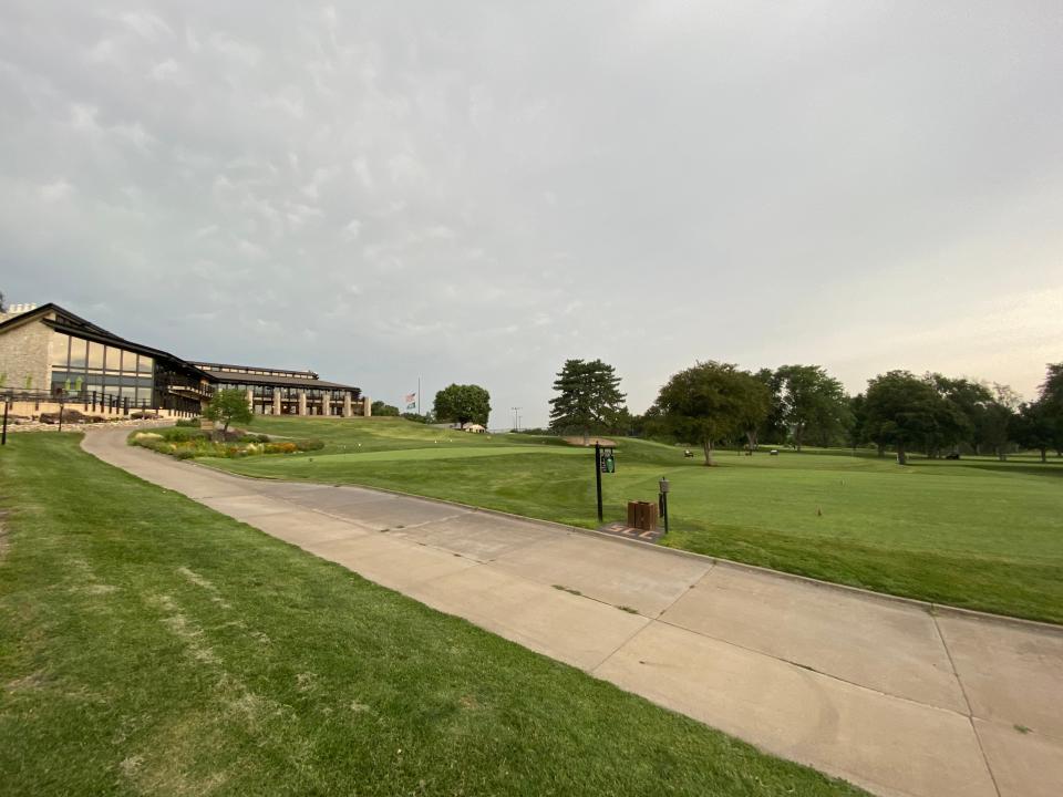 The beginning of hole number one of the Salina Country Club course  with the club's clubhouse in sight. The 2022 Senior LPGA Championships will be held at the club July 22-24, 2022.
