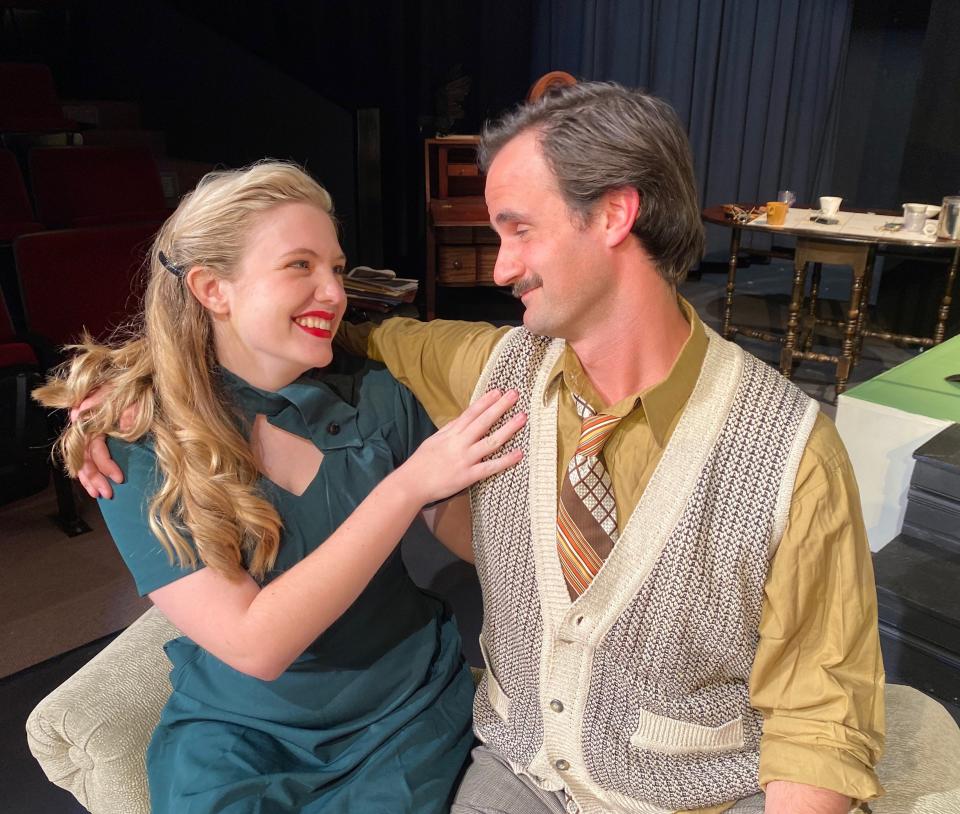 Tipsy actor Carson Misner pays special attention to radio station vocalist Annika Stevens behind the scenes in SLT's "It's A Wonderful Life: A KAWL Radio Play."