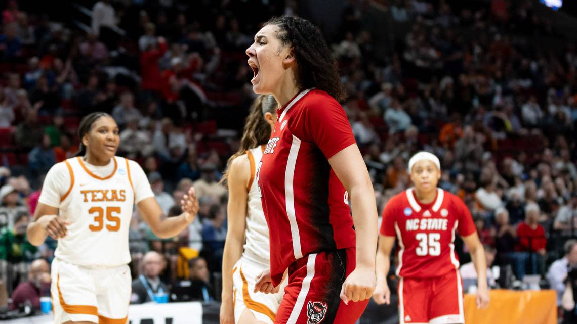 NC State forward Mimi Collins celebrates a Wolfpack defensive stop as they face Texas in the NCAA Elite 8, March 31, 2024.