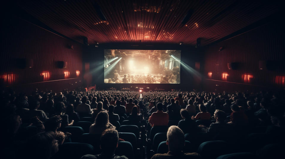 A movie theater auditorium filled with an audience enjoying a blockbuster film.