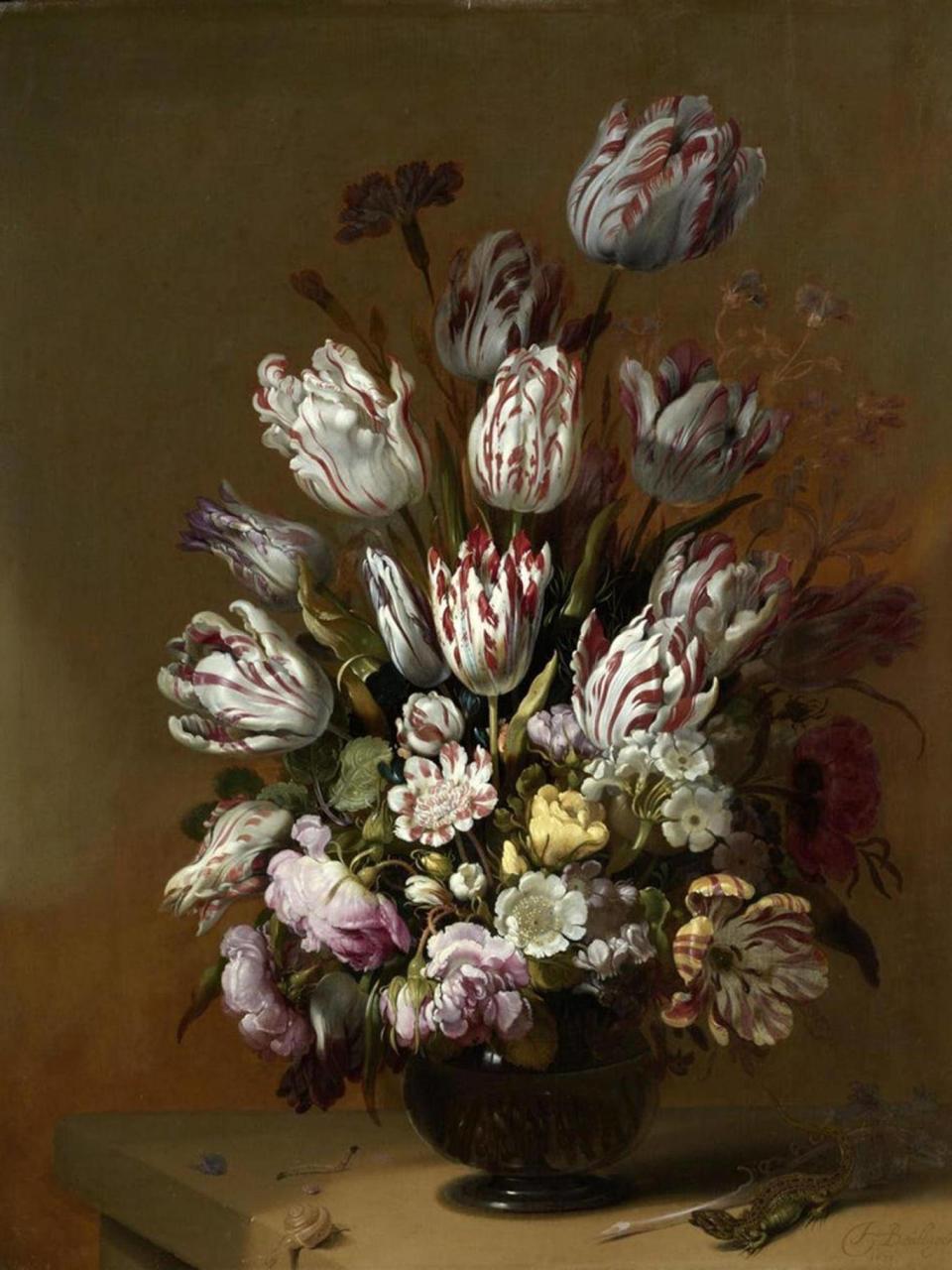 Patterned petals were very valuable. Hans Bollongier, ‘Floral Still Life’, 1639 (Rijksmuseum)