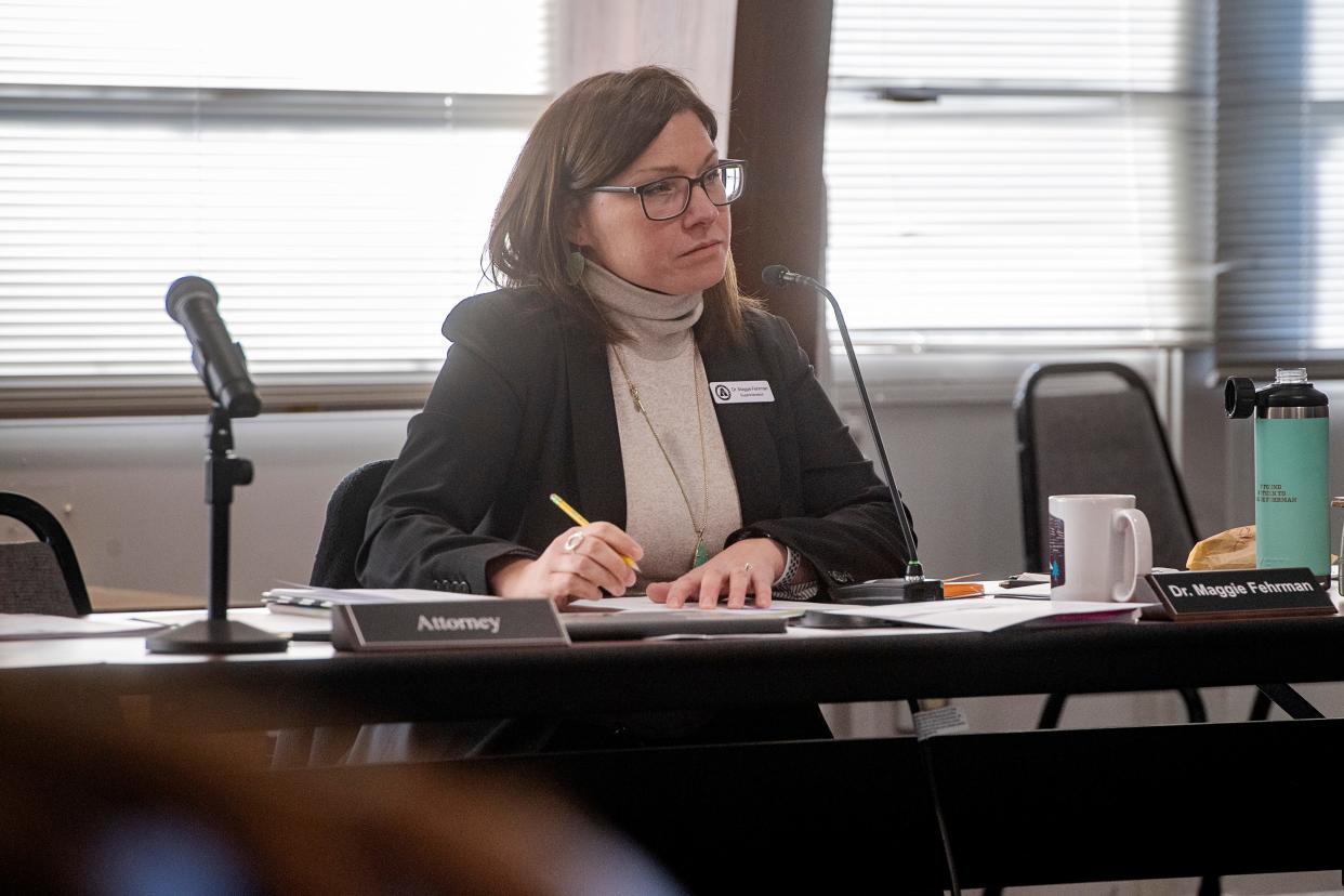 Asheville City Schools Superintendent Maggie Fehrman sits in on a school board meeting, January 18, 2024.