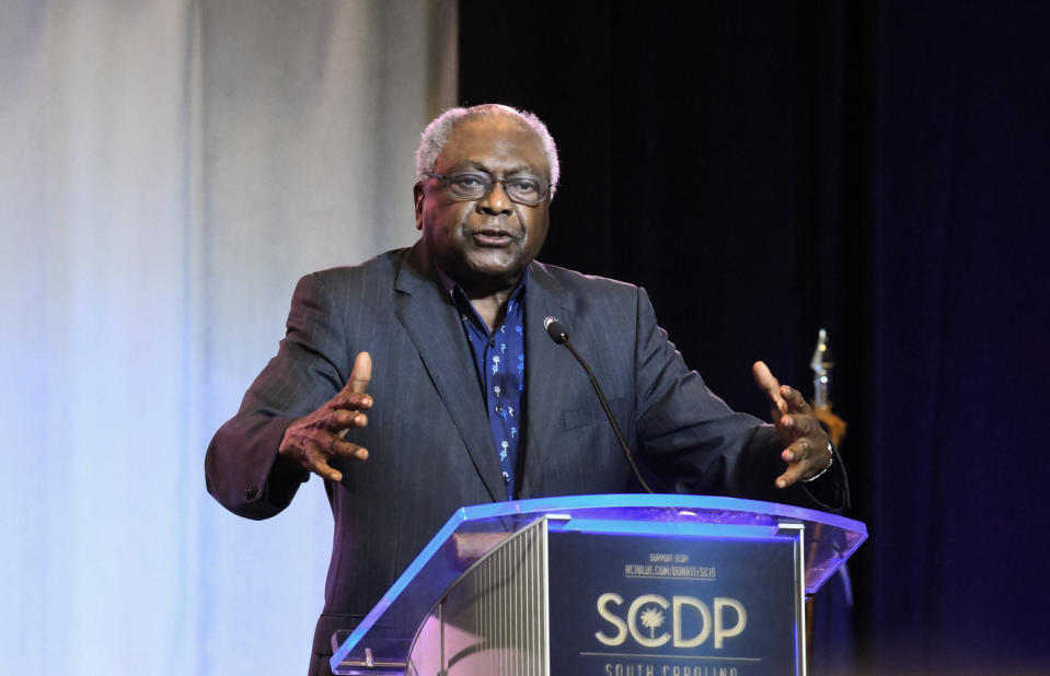 Majority Whip Jim Clyburn speaks at the opening of the South Carolina Democratic Party convention on Saturday, June 22, 2019, in Columbia, S.C. (AP Photo/Meg Kinnard)