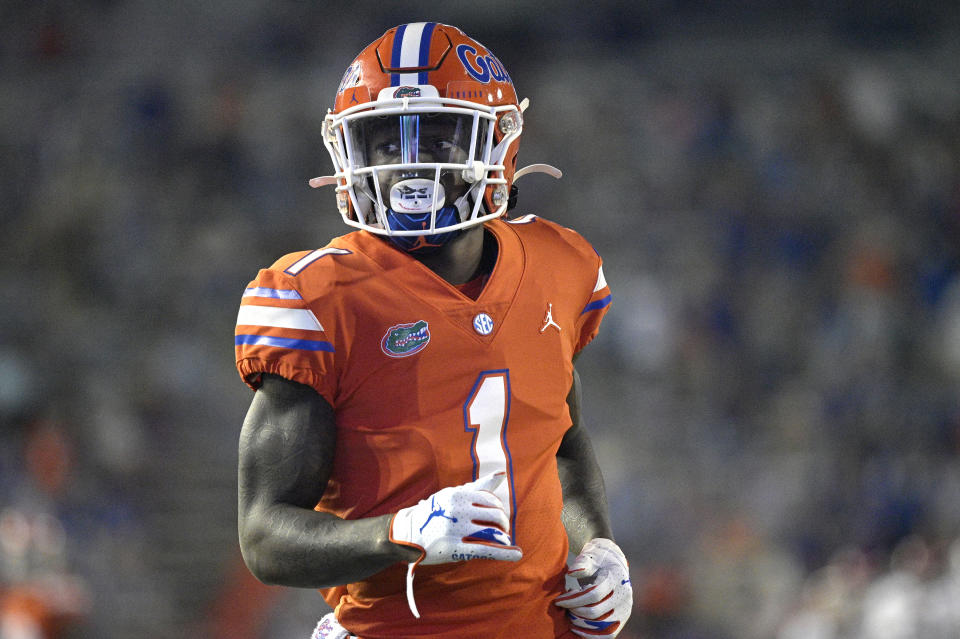 FILE - Florida wide receiver Kadarius Toney (1) sets up for a play during the first half of an NCAA college football game against Arkansas in Gainesville, Fla., in this Saturday, Nov. 14, 2020, file photo. Toney is a possible first round pick in the NFL Draft, April 29-May 1, 2021, in Cleveland. (AP Photo/Phelan M. Ebenhack, File)