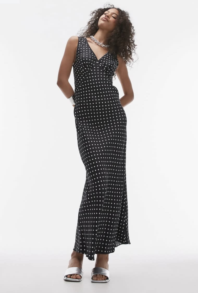 Polka Dot Satin Maxi Dress