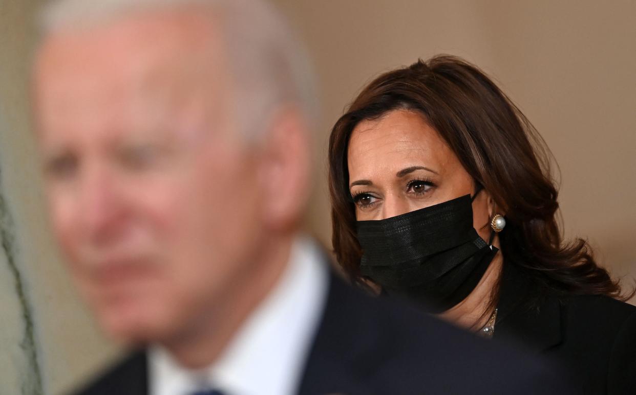 Some conservatives have tried to imply that Vice President Kamala Harris is the one truly in charge at the White House. (Photo: Brandan Smialowski/Getty Images)