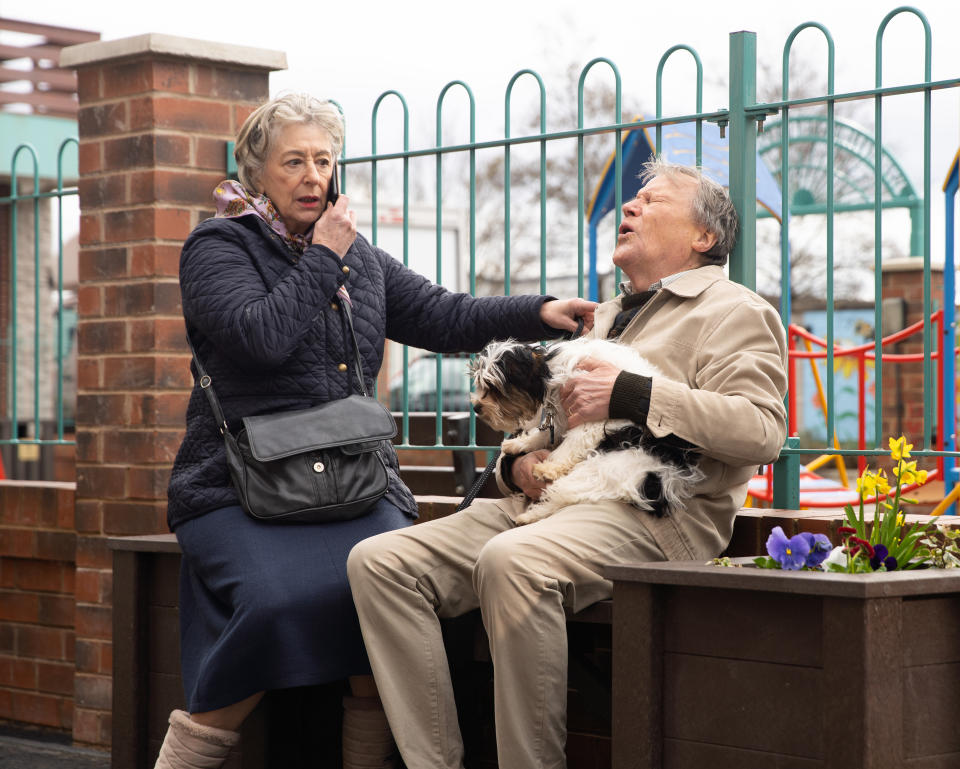 FROM ITV

STRICT EMBARGO - No Use Before Tuesday 16th May 2023

Coronation Street - Ep 1096465

Friday 26th May 2023

As Roy Cropper [DAVID NEILSON] walks Freddie through the precinct, Freddie spies a cat and gives chase. Roy is brought up short by the pain in his chest.  Evelyn Plummer [MAUREEN LIPMAN] calls an ambulance. 

Picture contact - David.crook@itv.com

Photographer - Danielle Baguley

This photograph is (C) ITV and can only be reproduced for editorial purposes directly in connection with the programme or event mentioned above, or ITV plc. This photograph must not be manipulated [excluding basic cropping] in a manner which alters the visual appearance of the person photographed deemed detrimental or inappropriate by ITV plc Picture Desk. This photograph must not be syndicated to any other company, publication or website, or permanently archived, without the express written permission of ITV Picture Desk. Full Terms and conditions are available on the website www.itv.com/presscentre/itvpictures/terms
