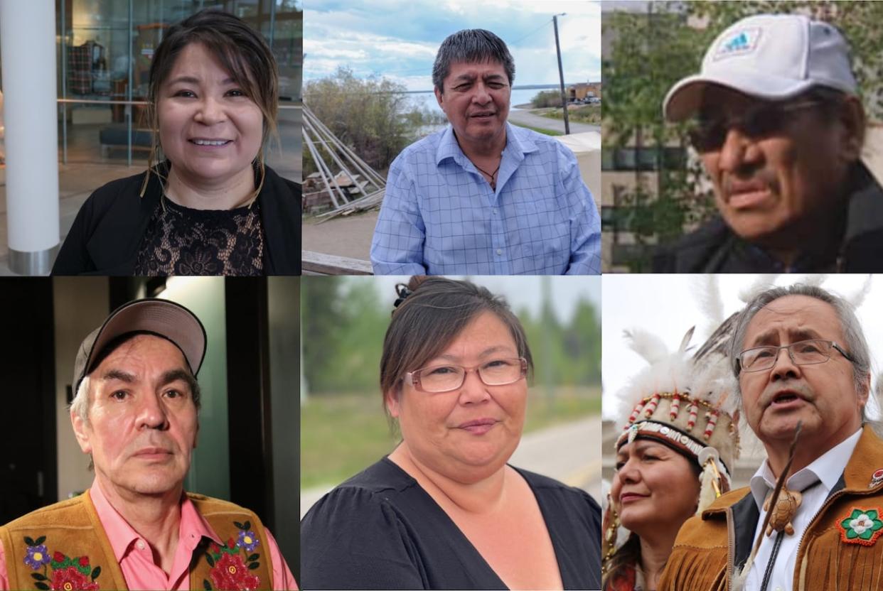 From top left: Paulie Chinna, George Mackenzie, Gerry Cheezie, Norman Yak'e ula, bottom left, April Martel and Gerald Antoine are all running for Dene National Chief and regional chief for the Assembly of First Nations. According to the CEO of Dene Nation, this is a record number of candidates. (CBC - image credit)