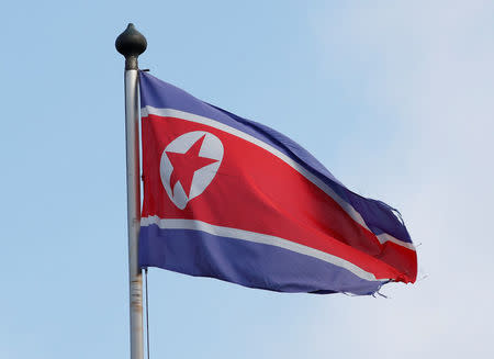 A flag is pictured outside the Permanent Mission of North Korea in Geneva, Switzerland, November 17, 2017. REUTERS/Denis Balibouse