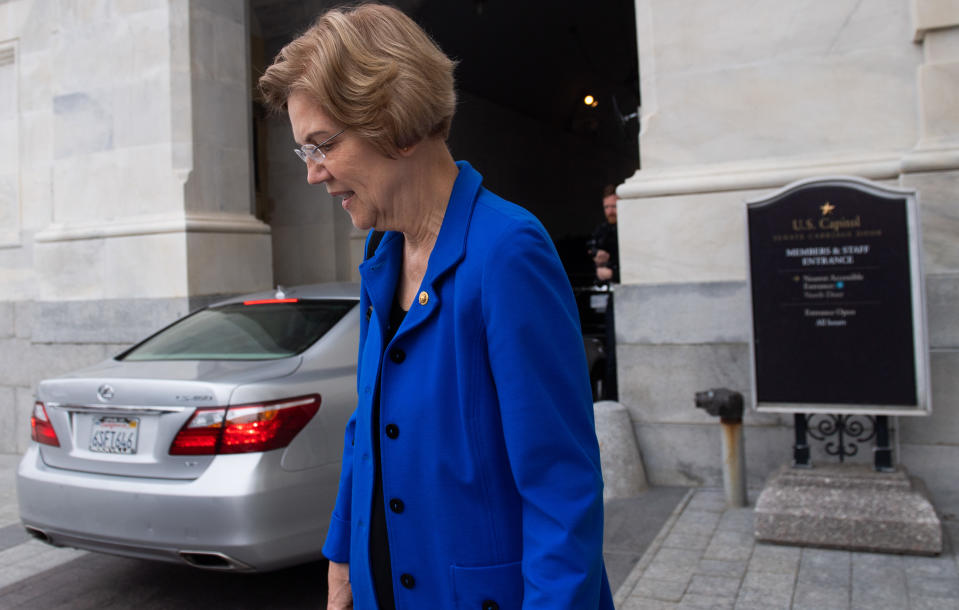 US Senator Elizabeth Warren, Democrat of Massachusetts, leaves after a vote related to a bill in response to COVID-19, the novel coronavirus, at the US Capitol in Washington, DC, March 18, 2020. - The US Senate easily passed a $100 billion emergency package on March 18 to help American workers hit hard financially by the coronavirus crisis. (Photo by SAUL LOEB / AFP) (Photo by SAUL LOEB/AFP via Getty Images)