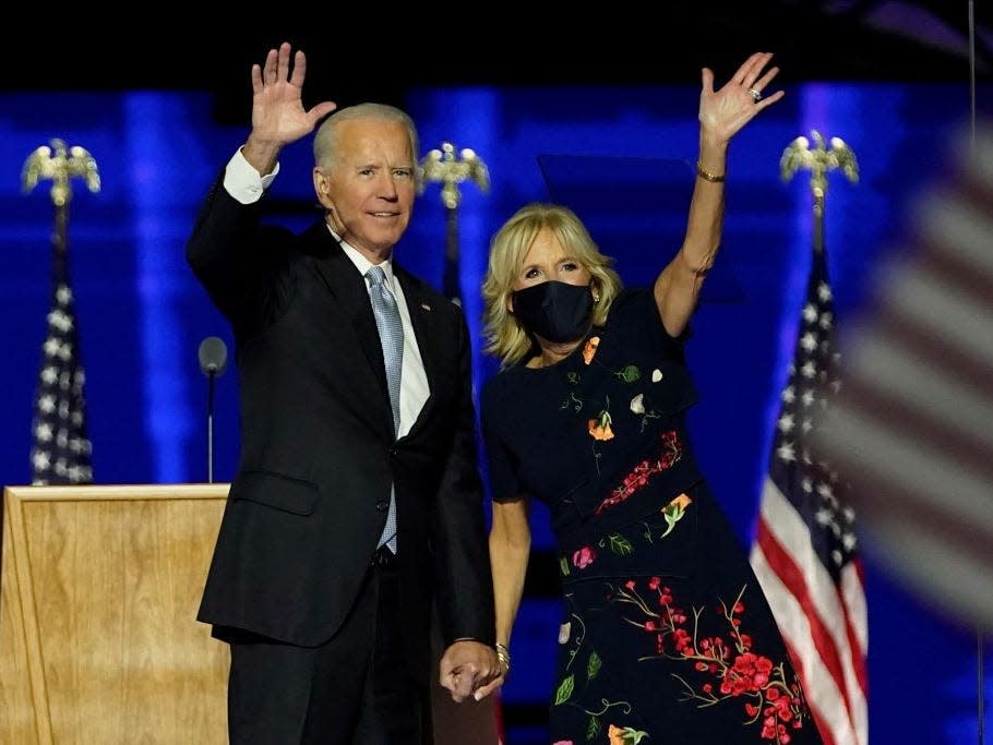 Joe Biden and Jill Biden wave after his victory speech in 2020.