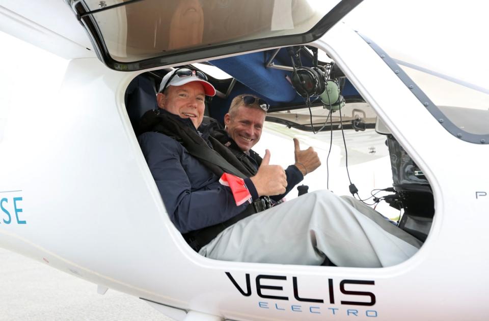 <div class="inline-image__caption"><p>Prince Albert II of Monaco and Swiss pilot Raphael Domjan land onboard the Pipistrel Velis Electro aircraft, a light two-seater single-engine electric aircraft.</p></div> <div class="inline-image__credit">Valery Hache/AFP via Getty</div>