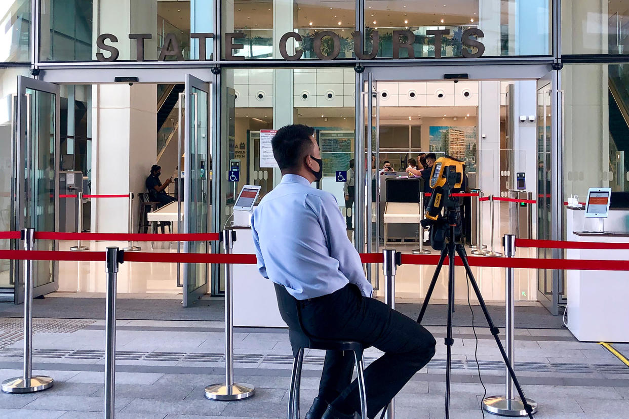 A temperature scanner seen at the entrance of the State Courts on 22 April 2020. (PHOTO: Dhany Osman / Yahoo News Singapore)