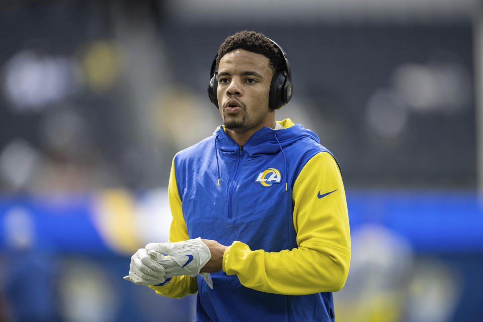 FILE - Los Angeles Rams cornerback Decobie Durant (14), who played at South Carolina State, warms up before an NFL football game against the Atlanta Falcons, Sunday, Sept. 18, 2022, in Inglewood, Calif. Four HBCU players were drafted this year, three more than the previous two years combined. (AP Photo/Kyusung Gong, File)