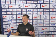 U.S. men’s national team assistant coach Anthony Hudson speaks with reporters following practice at Dignity Health Sports Park in Carson, Calif., on Saturday, Jan. 21, 2023. Hudson is running the U.S. team’s first training camp of the new year in the absence of longtime head coach Gregg Berhalter, whose contract has not been renewed amid a misconduct investigation around him by U.S. Soccer. (AP Photo/Greg Beacham)