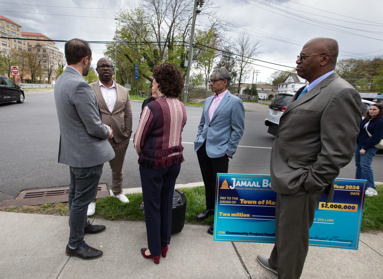 Rep. Jamaal Bowman speaks with Town of Mamaroneck officials at the intersection of Madison Ave. and New Jefferson St. July 24, 2024. The town plans to use a $2 million grant that Bowman helped secure to create a roundabout at the busy intersection, which also includes an entrance to I-95.