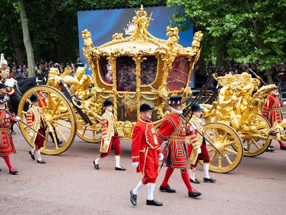 The Gold Stage Coach was seen during the Queen's platinum jubilee on June 5, 2022 in London, England