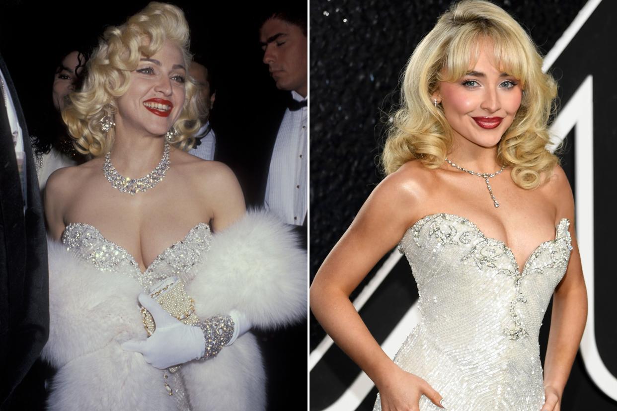 Madonna and Sabrina Carpenter shown side by side wearing the same dress.