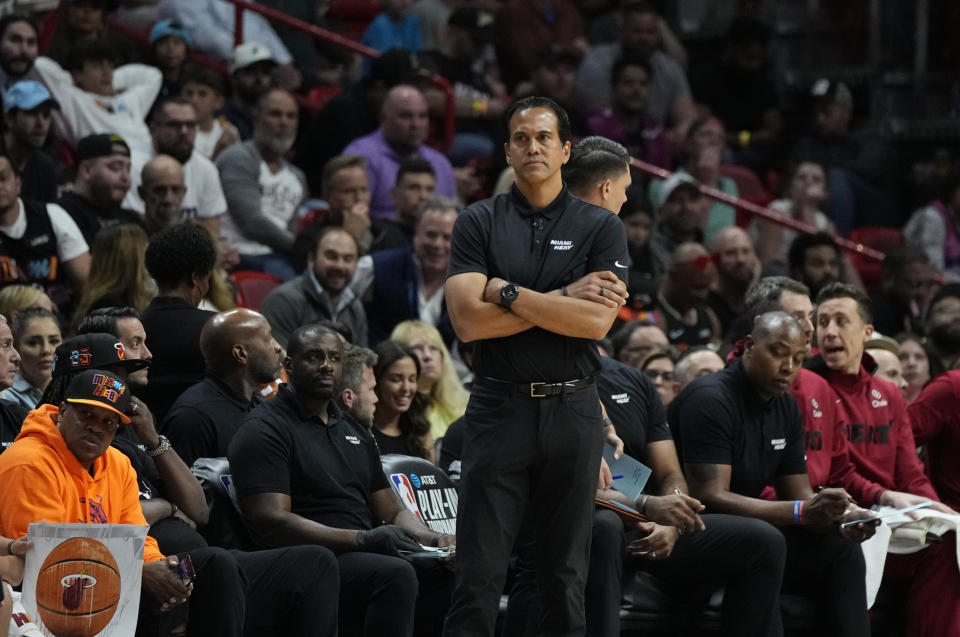 Miami Heat coach Erik Spoelstra watches during the first half of the team's NBA basketball play-in tournament game against the Atlanta Hawks, Tuesday, April 11, 2023, in Miami. (AP Photo/Rebecca Blackwell)