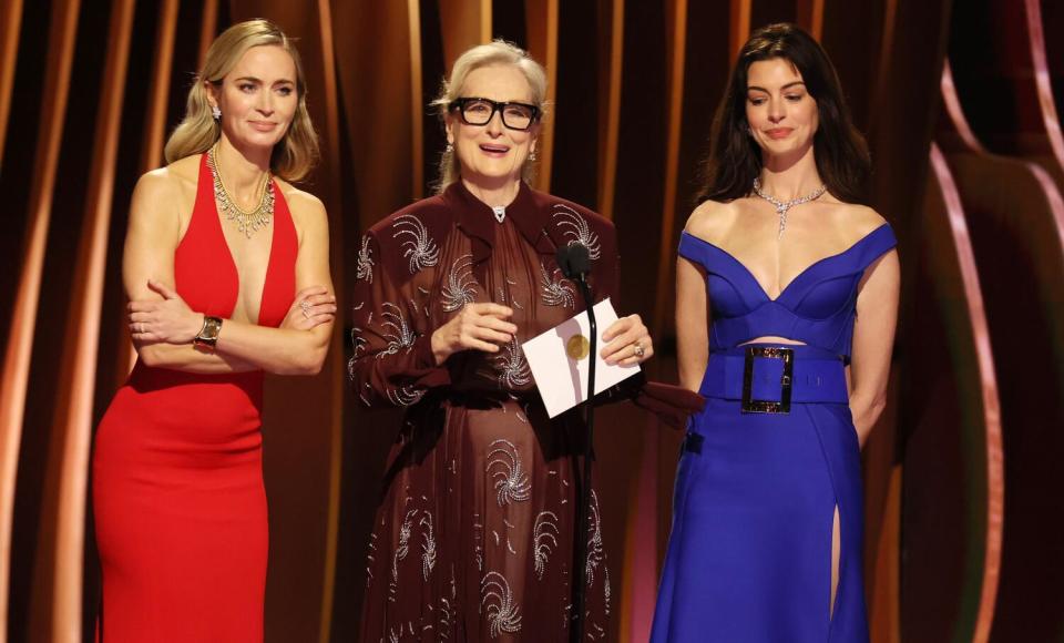 "The Devil Wears Prada" costars Emily Blunt, Meryl Streep and Anne Hathaway onstage.