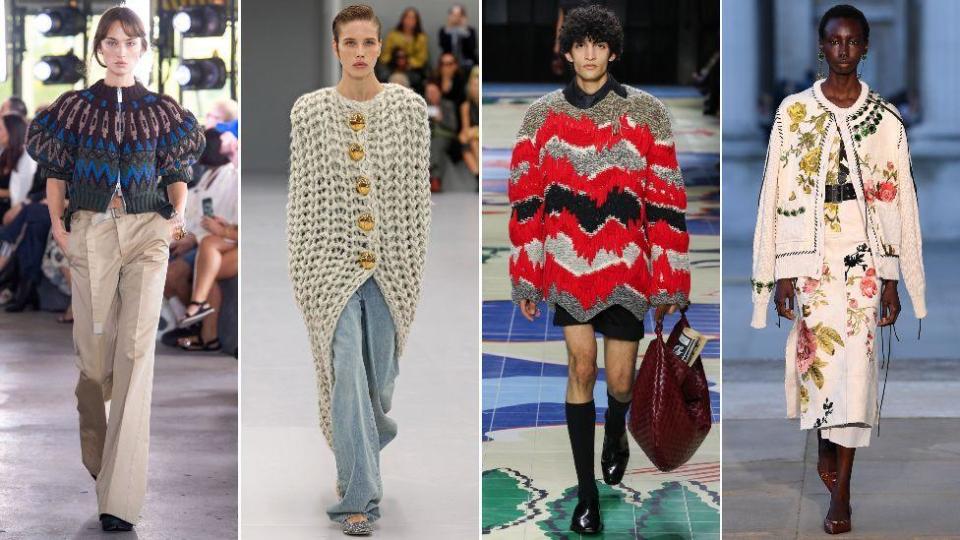 Imagen compuesta de modelos luciendo diseños de Sacai, Loewe, Bottega Veneta y Erdem. 