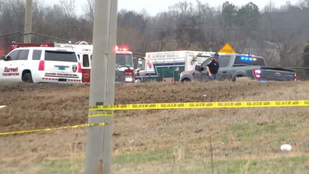 PHOTO: First responders on the scene of a UH-60 Black Hawk helicopter crash on Alabama 53 near the intersection of Burwell Road in Madison County, Ala., Feb. 15, 2023. (WAAY)