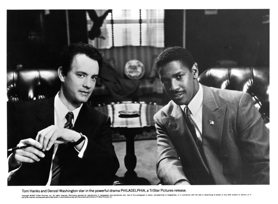 Actors Tom Hanks and Denzel Washington on the set of the Tri Star movie " Philadelphia"