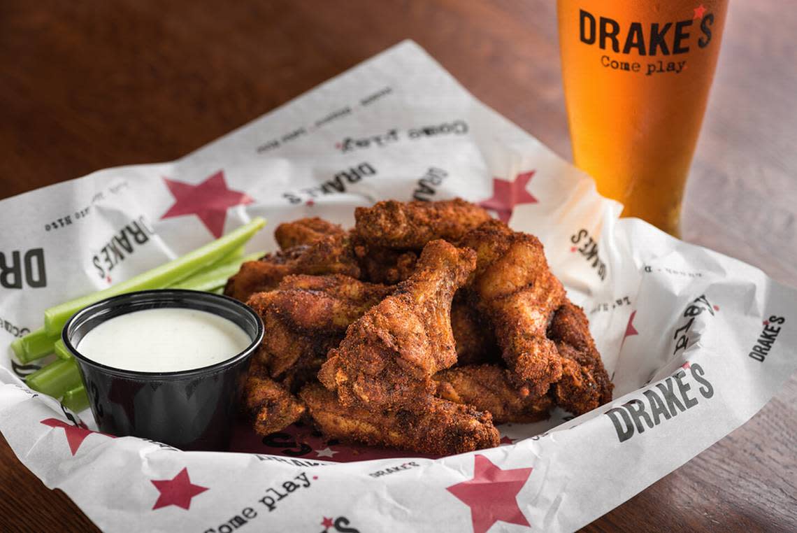 Bluegrass Hospitality Group has Sriracha dry rub wings, available in family or group size pans, from Drake’s. They also have wet Buffalo-style wings from their Harry’s menu.