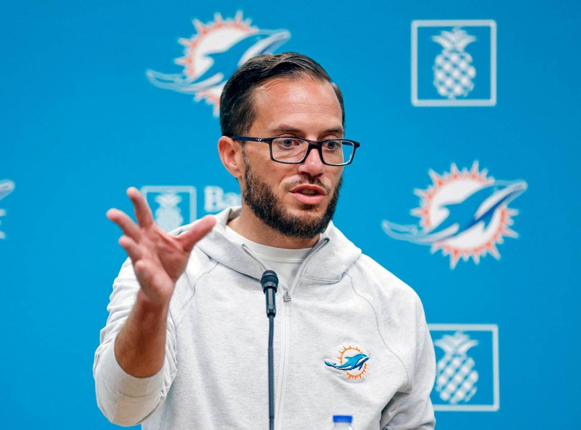 Miami Dolphins head coach Mike McDaniel speaks to reporters before practice at the Baptist Health Training Complex in Miami Gardens, Florida on Wednesday, January 11, 2023.