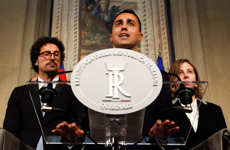 FILE PHOTO - Anti-establishment 5-Star Movement leader Luigi Di Maio speaks to the media during the second day of consultations with the Italian President Sergio Mattarella at the Quirinal Palace in Rome, Italy, April 5, 2018. REUTERS/Alessandro Bianchi