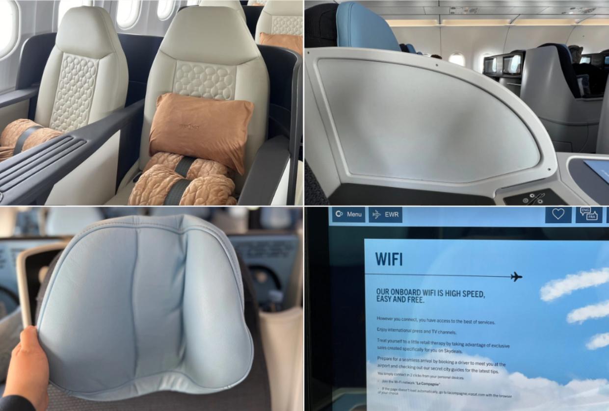 Beond's beige and peach seats stitiched with photos of La Compagnie's blue headrest, white middle divider, and screen with WiFi instructions.