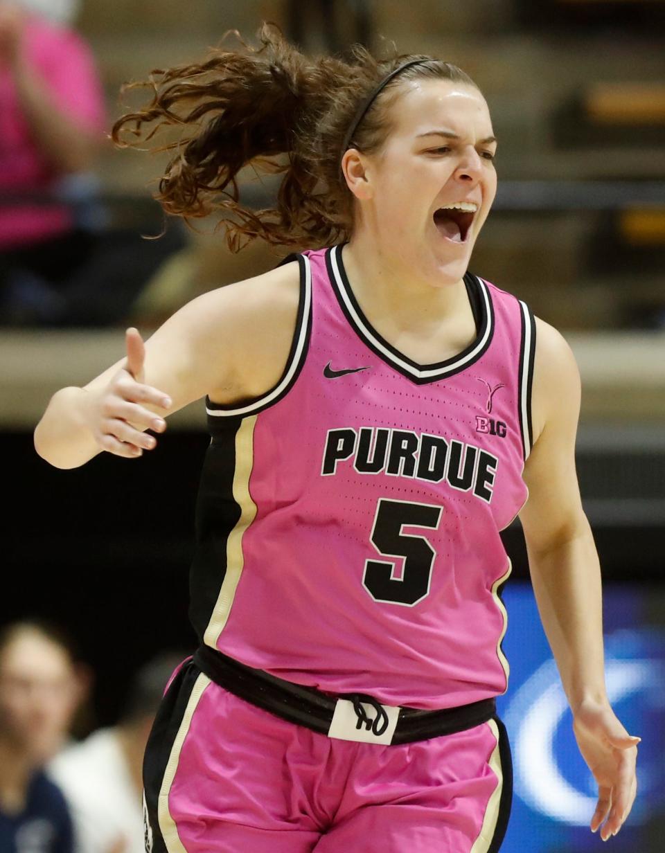 Purdue Boilermakers guard Cassidy Hardin (5) celebrates after scoring during the NCAA women’s basketball game against the Penn State Nittany Lions, Wednesday, Feb. 22, 2023, at Mackey Arena in West Lafayette, Ind. Purdue won 86-62.
