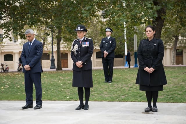 London Mayor Sadiq Khan, Met Police Commissioner Dame Cressida Dick and Home Secretary Priti Patel at the National Police Memorial in London