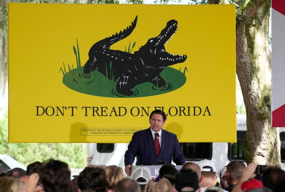 Gov. Ron DeSantis speaks during a kick-off campaign rally at Horsepower Ranch & Events in Geneva. Fla. Wednesday, August 24, 2022.