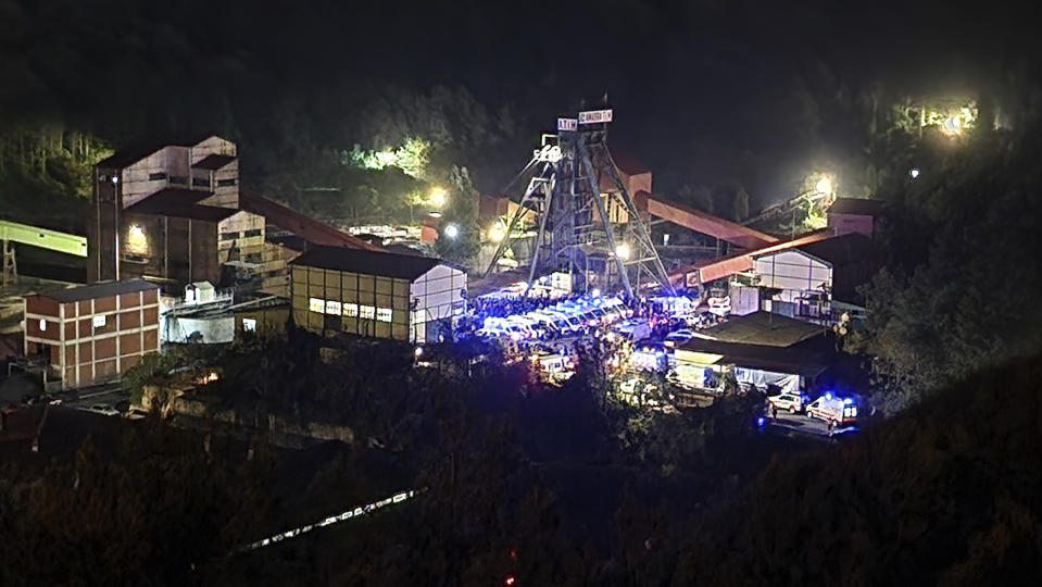 A view of the entrance of the mine in Amasra, in the Black Sea coastal province of Bartin, Turkey, Friday, Oct. 14, 2022. An official says an explosion inside a coal mine in northern Turkey has trapped dozens of miners. At least 14 have come out alive. The cause of Friday's blast in the town of Amasra in the Black Sea coastal province of Bartin was not immediately known. (IHA via AP)