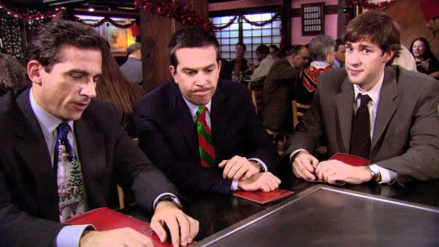 "The Office" Christmas episode "A Benihana Christmas" starring Steve Carell as Michael Scott, Ed Helms as Andy and John Krasinski as Jim<p>NBC</p>