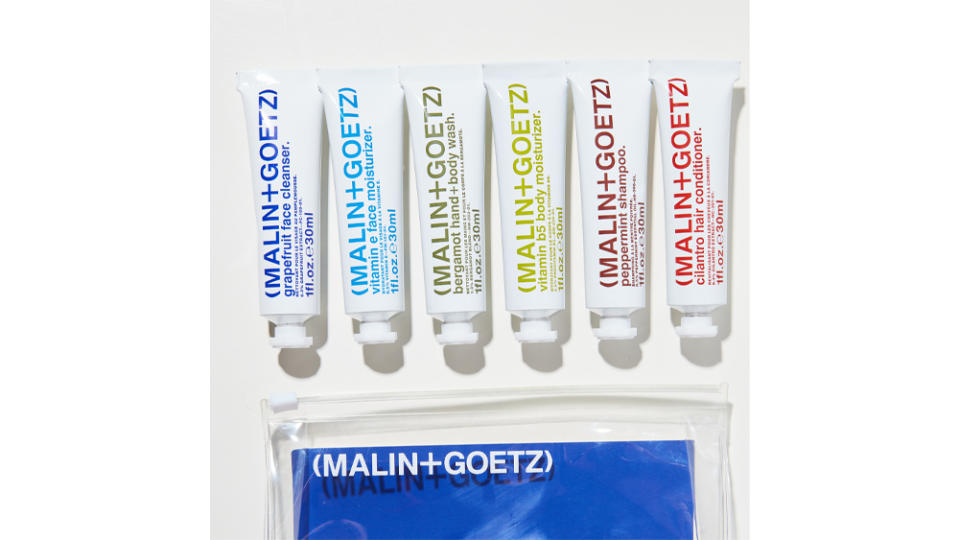 Save yourself the hassle of squeezing your favorite grooming staples into travel-sized tubes. - Credit: Malin + Goetz