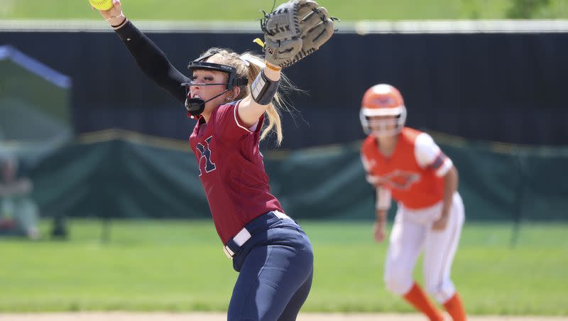 Herriman’s Kiaira Smith pitches against Skyridge High School at the Cottonwood Complex in Murray on Wednesday, May 24, 2023.