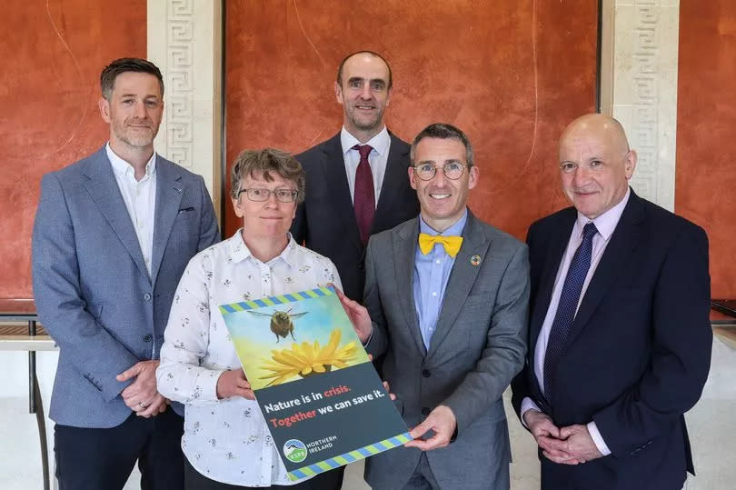 John Martin RSPBNI with Ruth Chambers OBE, Minister Andrew Muir and MLAs Mark H Durkan and John Blair