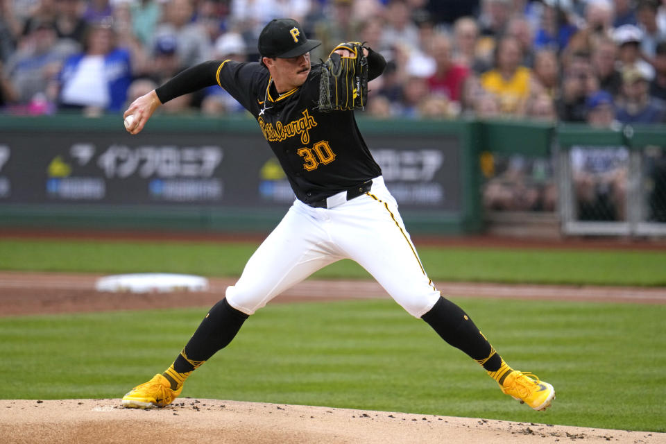 Pittsburgh Pirates starting pitcher Paul Skenes delivers to a Los Angeles Dodgers batter during the first inning of a baseball game in Pittsburgh, Wednesday, June 5, 2024. (AP Photo/Gene J. Puskar)