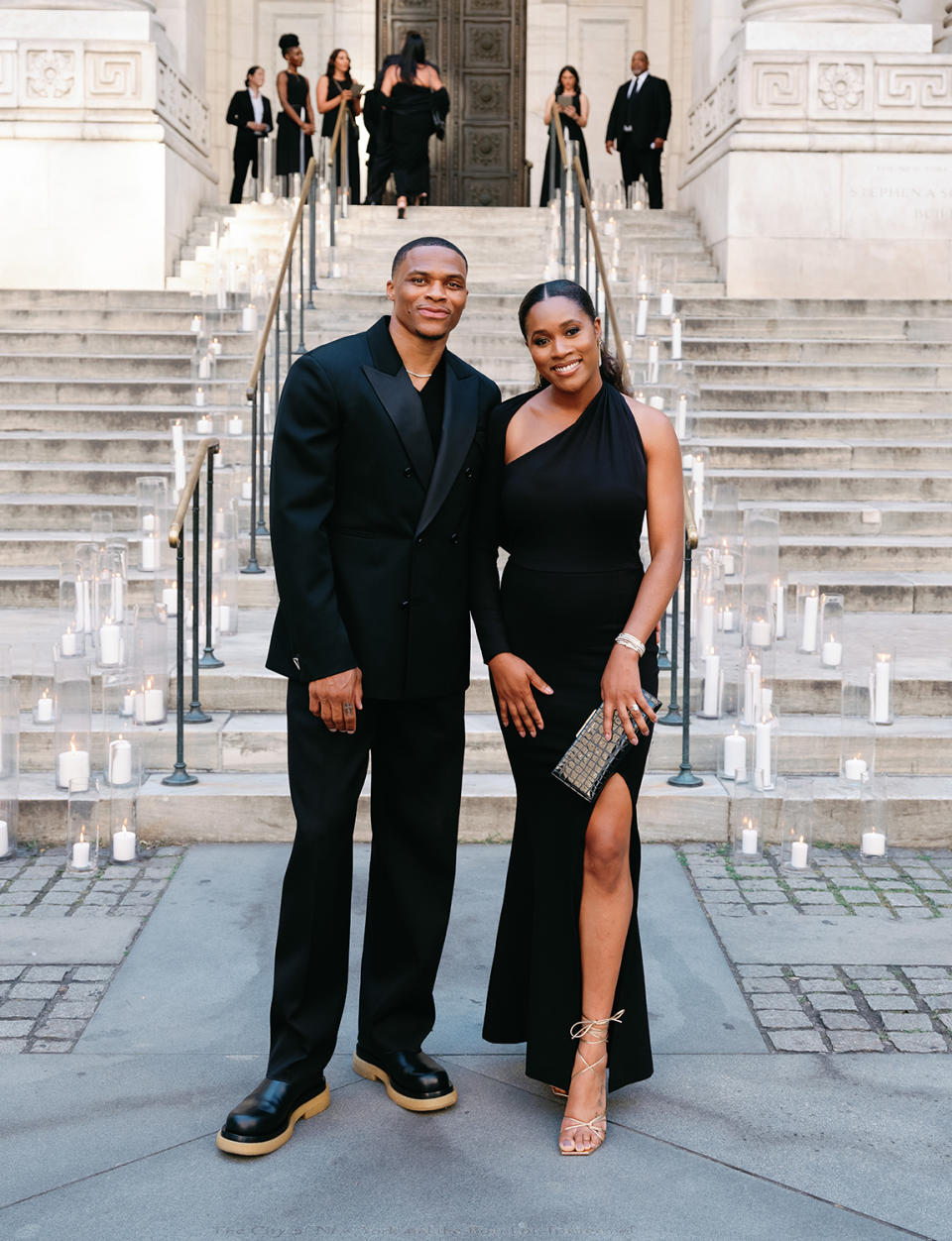 <p>Los Angeles Laker Russell Westbrook and wife Nina Earl dressed to impress in their matching black looks. </p>