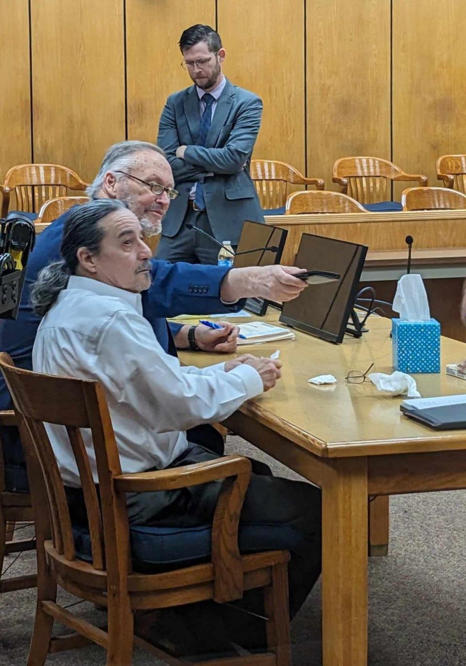 William Mark Crump, far right, sits in the 89th District Courtroom after a jury reached a punishment verdict for him of automatic life in prison for aggravated sexual assault of a child Thursday, Feb. 8, 2024. Wichita County Senior Assistant Public Defender Marty Cannedy sits by him at the table, and Wichita County Assistant District Attorney Matt Shelton is standing.