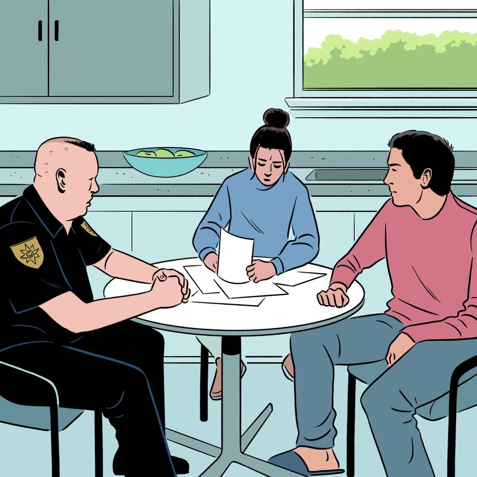 An illustration of a couple sitting at a table with a police officer