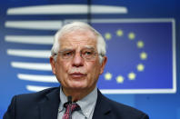 European Union foreign policy chief Josep Borrell speaks during a media conference after a meeting of EU foreign ministers at the European Council building in Brussels, Monday, July 13, 2020. European Union foreign ministers met for the first time face-to-face since the pandemic lockdown and will assess their discuss their relations with China and Turkey. (Francois Lenoir, Pool Photo via AP)