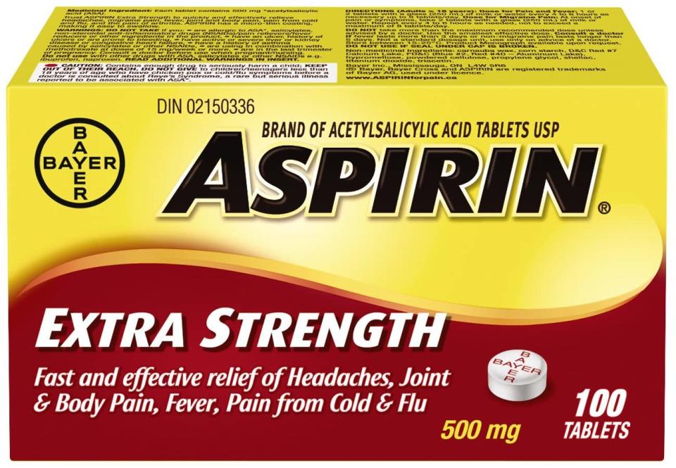 Bayer Aspirin Extra Strength Tablet, 500 mg. Image via Amazon.