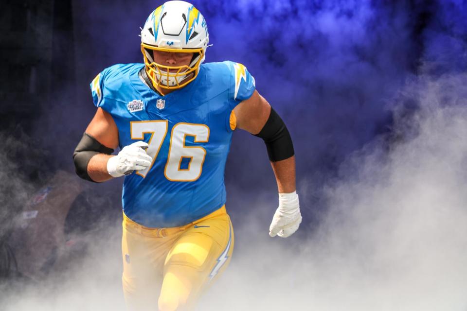 Chargers offensive tackle Joe Alt (76) takes the field for a game against the Las Vegas Raiders.