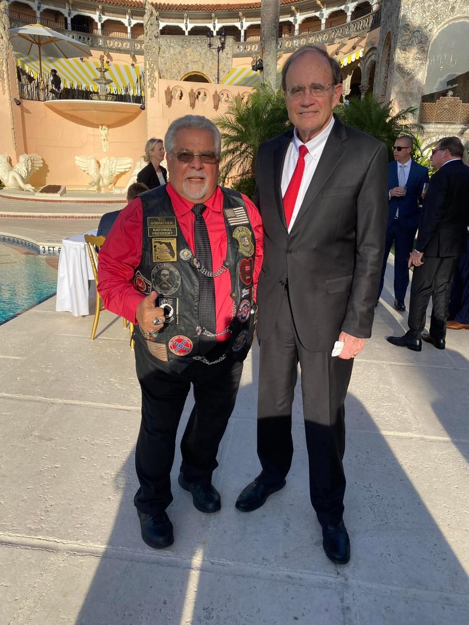 Mississippi Lt. Gov. Delbert Hosemann appears with George Colella, of Ready to Ride for 45, a pro-Trump personality who prominently features Confederate and pro-January 6 patches on his vest.